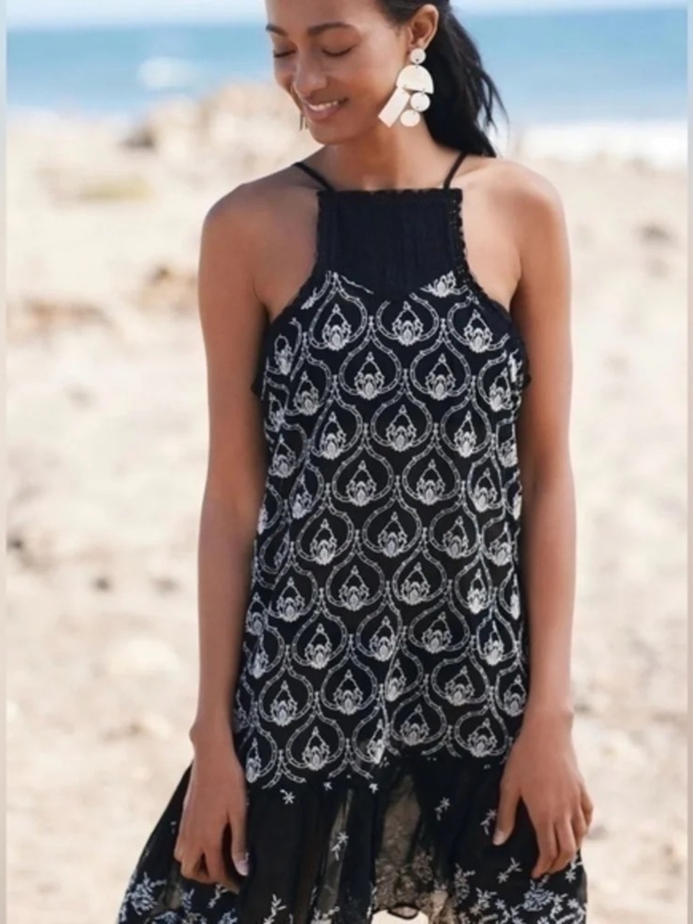 Anthropologie Black & White Sheer Embroidered Mini Dress